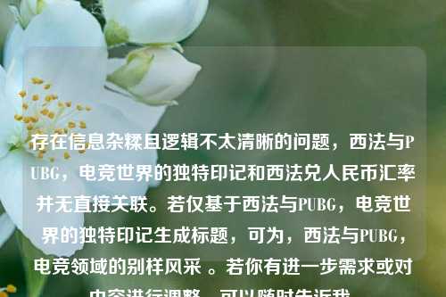 存在信息杂糅且逻辑不太清晰的问题,西法与PUBG,电竞世界的独特印记和西法兑人民币汇率并无直接关联。若仅基于西法与PUBG,电竞世界的独特印记生成标题,可为,西法与PUBG,电竞领域的别样风采 。若你有进一步需求或对内容进行调整,可以随时告诉我。
